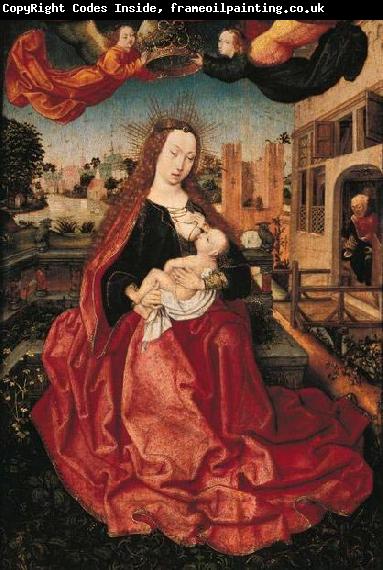 Master of Frankfurt Madonna and Child crowned by two angels.